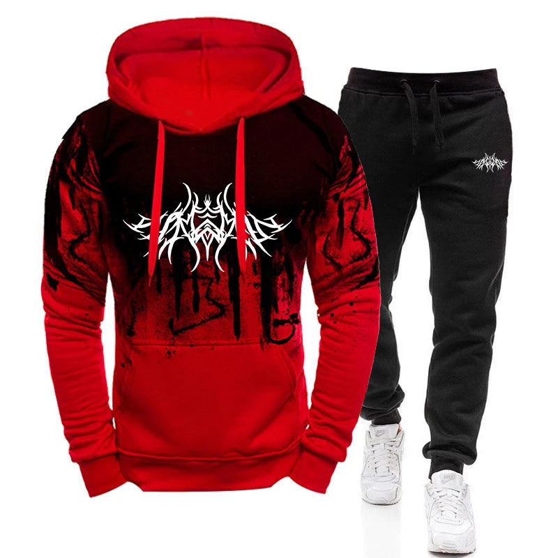 Mens Tracksuit Splash-ink Hooded Sweatshirt Casual Trousers