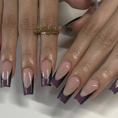 24Pcs Long Square Black French sparkling diamond star pendant Press on Nail