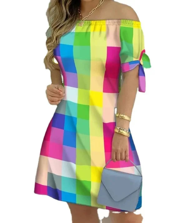 Bow Tie Striped Floral Print 
Dress Off Shoulder Mini