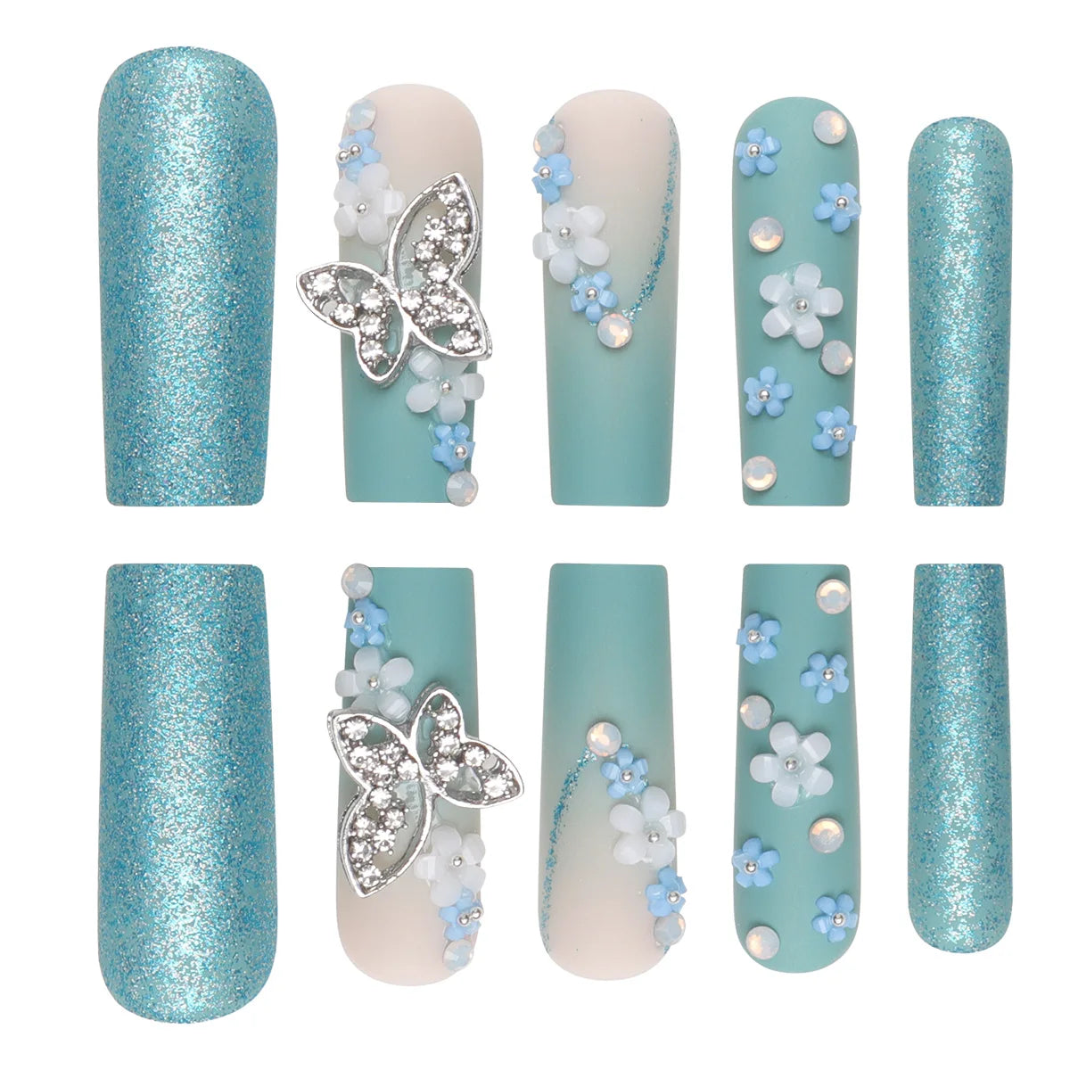 24 Pieces of Long Coffin Shaped Blue Glitter and Gradient Pattern 3D Butterfly Dot Diamond Frosted Fake Nails Summer Series