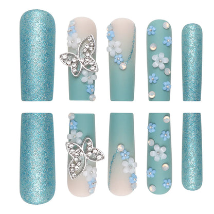 24 Pieces of Long Coffin Shaped Blue Glitter and Gradient Pattern 3D Butterfly Dot Diamond Frosted Fake Nails Summer Series