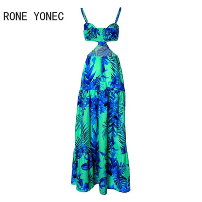 Women Elegant Sexy Spaghetti Straps All Over Print Midriff  Maxi Dress