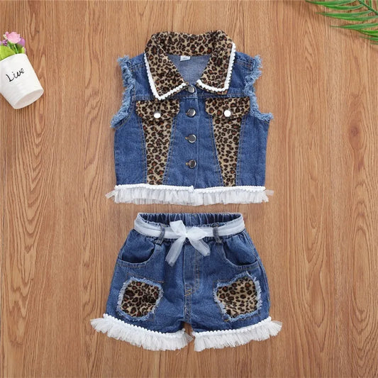 1-6years Baby Girls Denim Casual Outfit Sets Sleeveless Leopard Print Denim Top + Leopard Print Denim Shorts Suits Girls