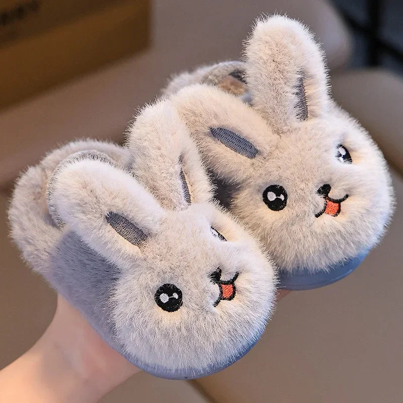 New Winter Rabbit Girls Cotton Slippers Cute Cartoon Anti Slip Soft Bottom Boys Plush Slippers Fashionable Warm Baby Strap Boots