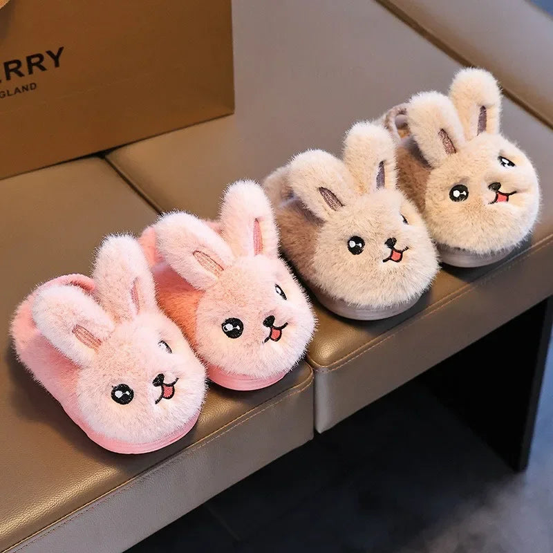 New Winter Rabbit Girls Cotton Slippers Cute Cartoon Anti Slip Soft Bottom Boys Plush Slippers Fashionable Warm Baby Strap Boots
