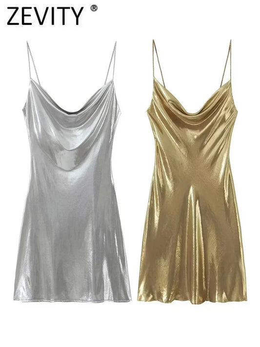 Women Shinning Metallic Color Sling Mini Dress