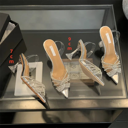 Elegant Silver Slingbacks Women Pumps Fashion CRYSTAL PVC Transparent Pointed Toe Clear High Heels Ladies Shoes