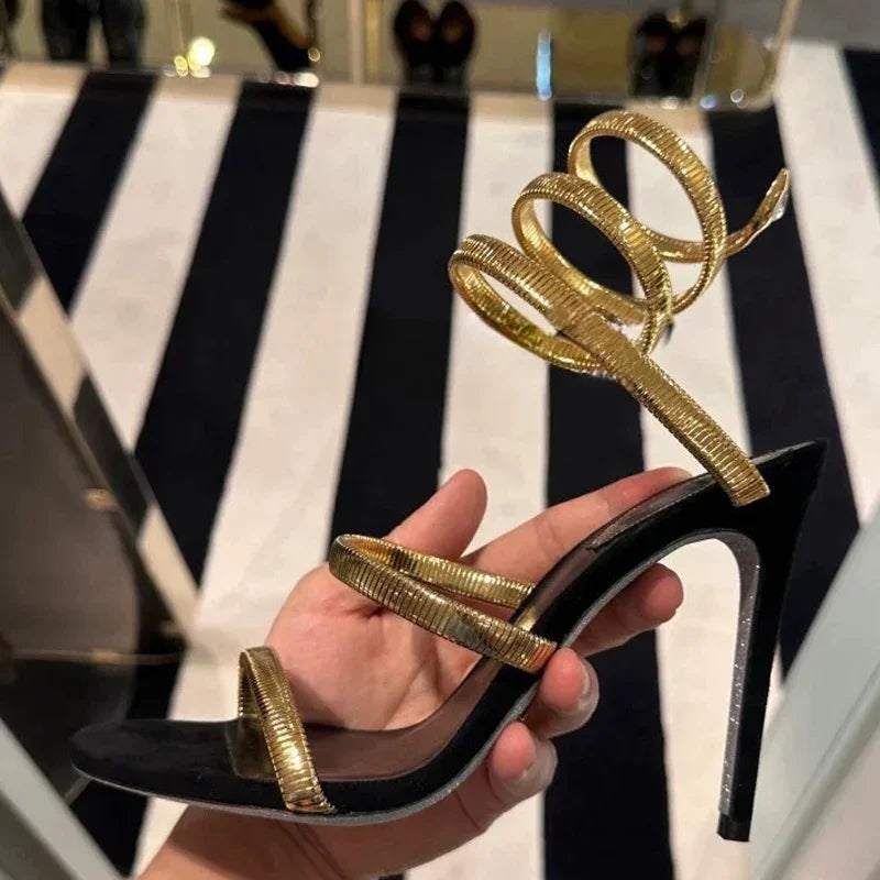 Gold Silver Thin High Heels Ankle Strap Women Sandals Sexy Narrow Band  Open Toe Stripper