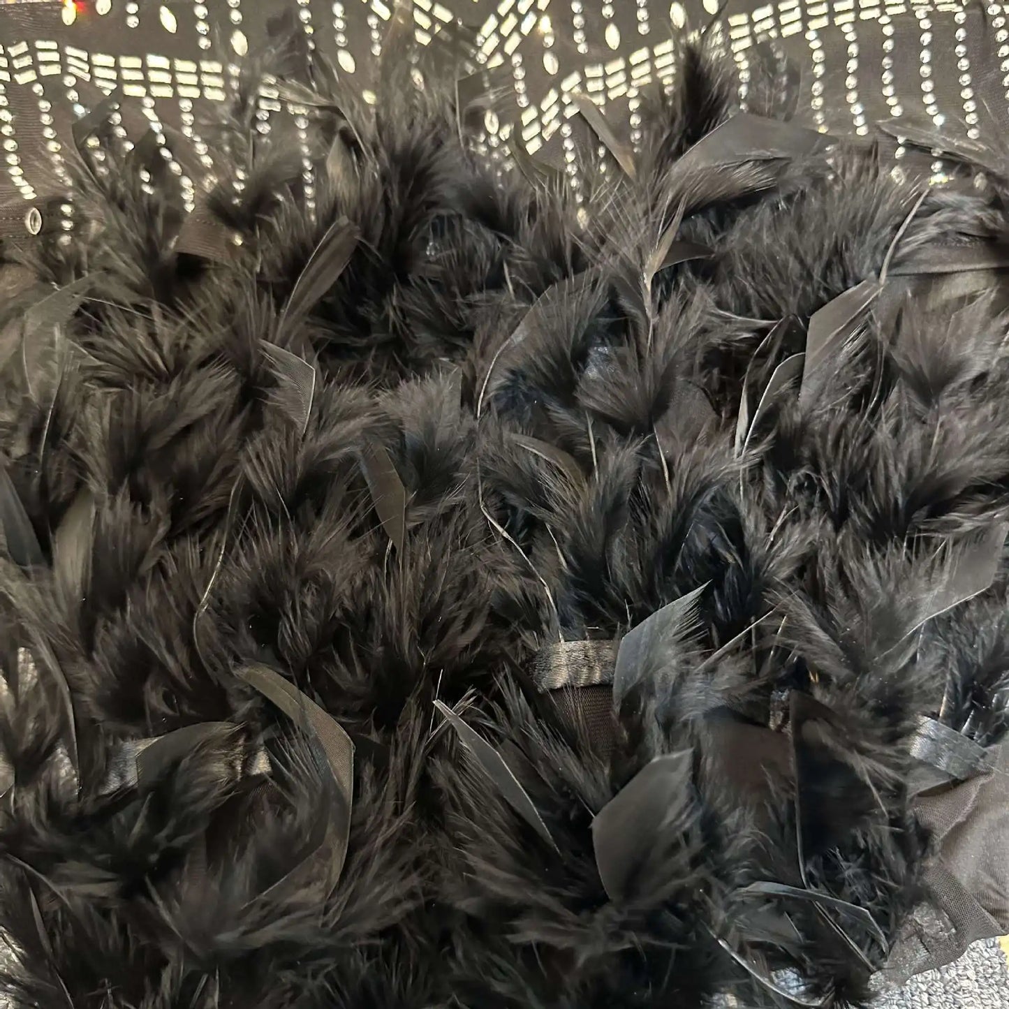 Off The Shoulder Mesh Sheer Rhinestone Feather See Through