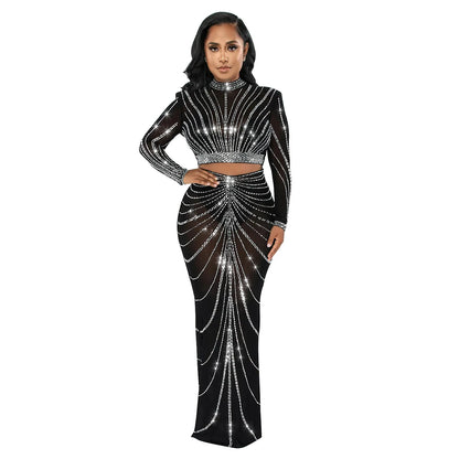 Rhinestone Mesh See Through Long Sleeve Cocktail Dress
