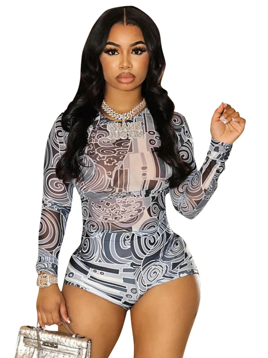 Streetwear Sexy Womens Cloting 2 Piece Set Fashion Print Mesh Sheer