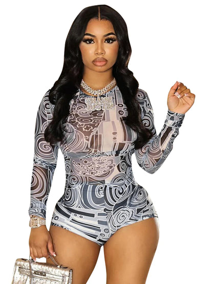 Streetwear Sexy Womens Cloting 2 Piece Set Fashion Print Mesh Sheer