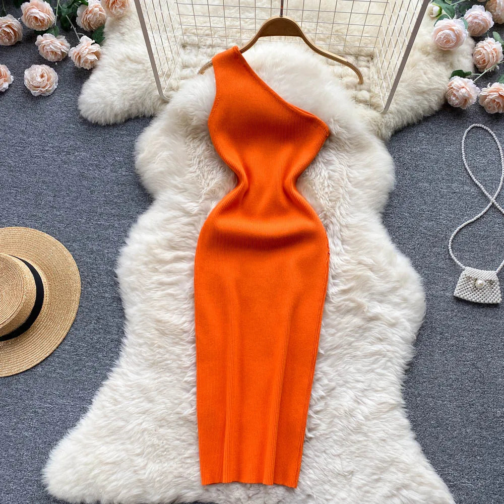 Sexy One Shoulder Knitted Bodycon Mini Dress