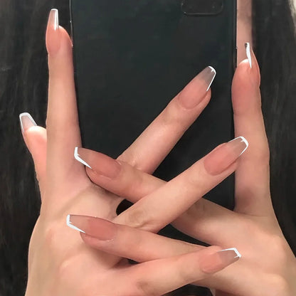 24Pcs Short Square Nude Fake Nails Art White Edge Glossy Artificial French False Nails Removable Full Cover Press on Nail Tips