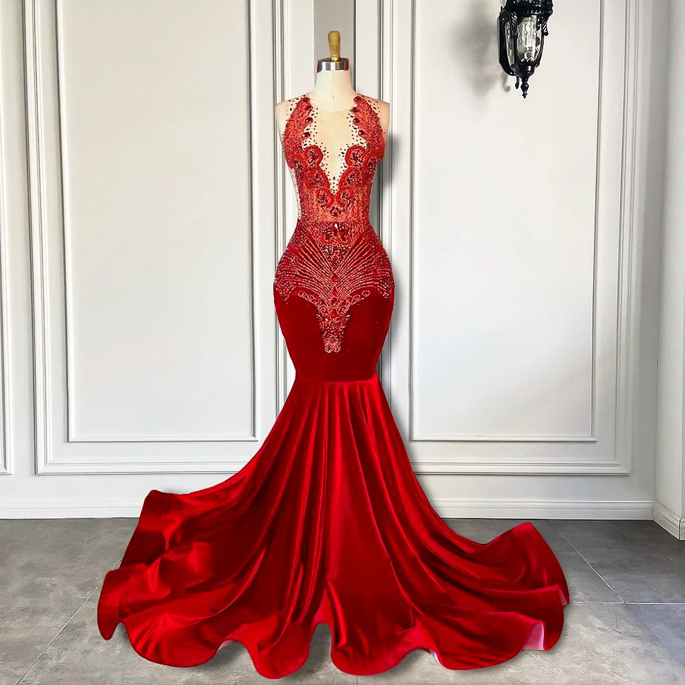 Long Prom Dresses Luxury Sparkly Beaded Diamond Sexy Mermaid Sheer Top Red Velvet Prom Gala Gowns