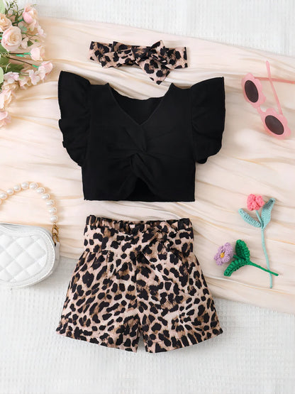 0-2 Year Old Baby Girl Summer Fashion Ruffled Short Sleeved Leopard Print Shorts Headwear Set