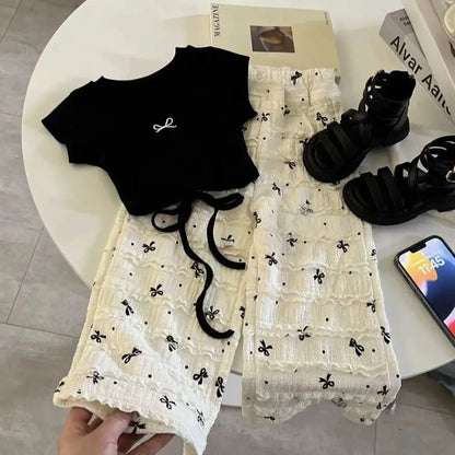 Kids Girls Bow T-shirts+Loose Pants 2Pcs Summer Children Clothes Sets Short Sleeve Backless T-shirt Bowknot Pants Girls Suit