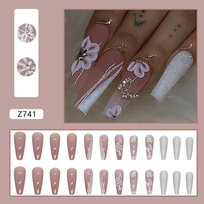 24pcs Artifical Fake Nails Long Coffin French Ballerina Wearable False Nail Tips Finished Rhinstones Flower Design Press on Nail