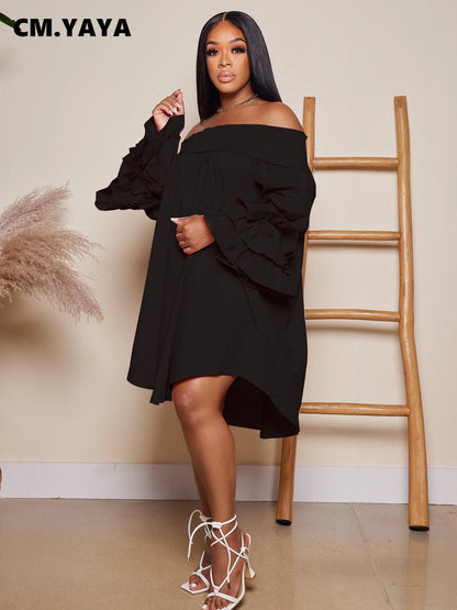 Chic Women Cascading Ruffles Petal Off Shoulder Long Sleeve Smock Dress Big Swing Loose Blouse