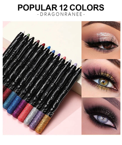 12 Colors Long-lasting Glitter Eyeshadow Pencil Pigment Blue Brown Black Eyeliner Pen Women Fashion Shimmer Eye Shadow Makeup