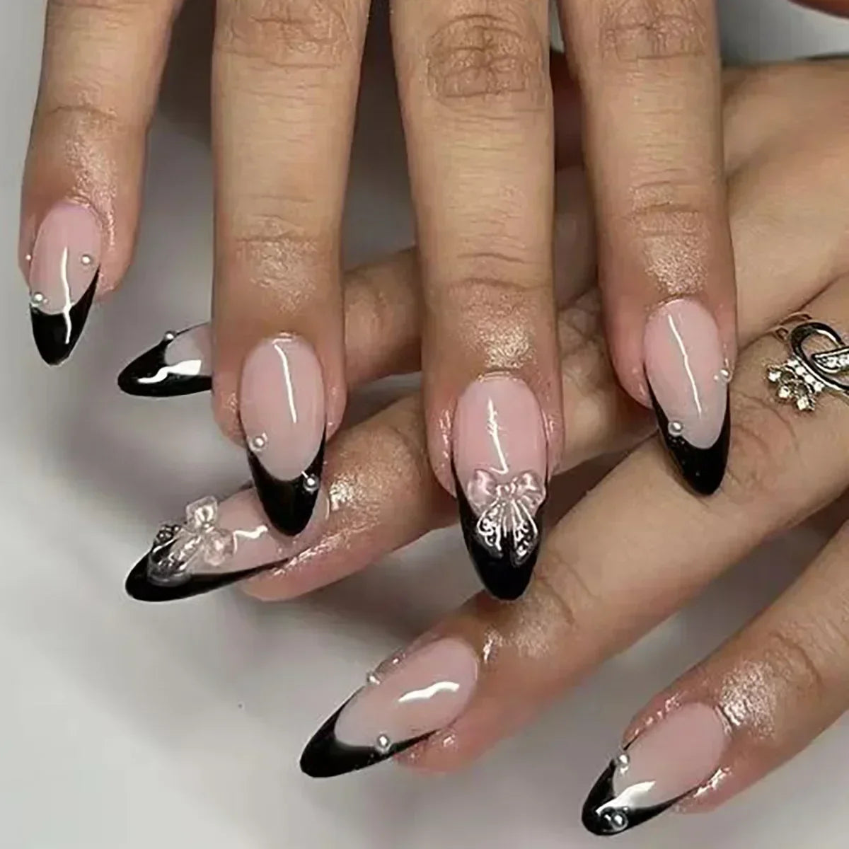 24Pcs Pink Almond French Press on Nails With 3D Bow ripple charms Design Fake Nails Ballerina False Nails Full Cover Nail Tips