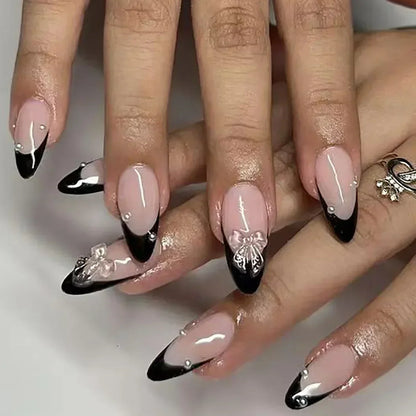 24Pcs Pink Almond French Press on Nails With 3D Bow ripple charms Design Fake Nails Ballerina False Nails Full Cover Nail Tips