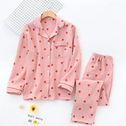 2pc Cotton Pajamas Set Women's Sweet Little Love Cute Two Piece Pijama Jacket Shirts & Long Pant Loungewear Cozy Crepe Homewear