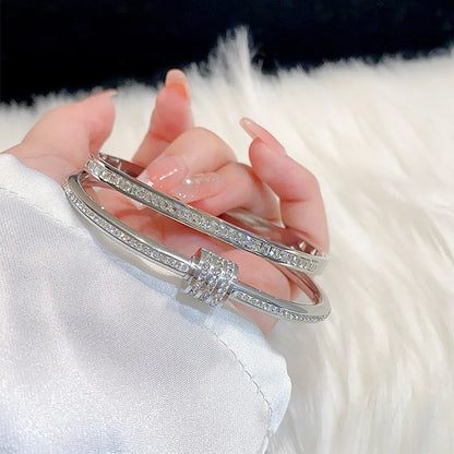 1pc Titanium Steel Silver Bracelet, Fashionable Classic Style, Stainless Steel Bracelet,Inlaid With Zircon,