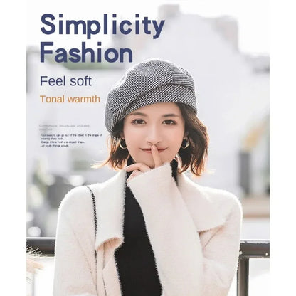 Simple Women Wool Beret for Elegant Lady Winter Female Cotton Hats Plaid Vintage Octagonal Casual Autumn Cap