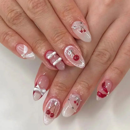 24Pcs Pink Almond French Press on Nails With 3D Bow ripple charms Design Fake Nails Ballerina False Nails Full Cover Nail Tips