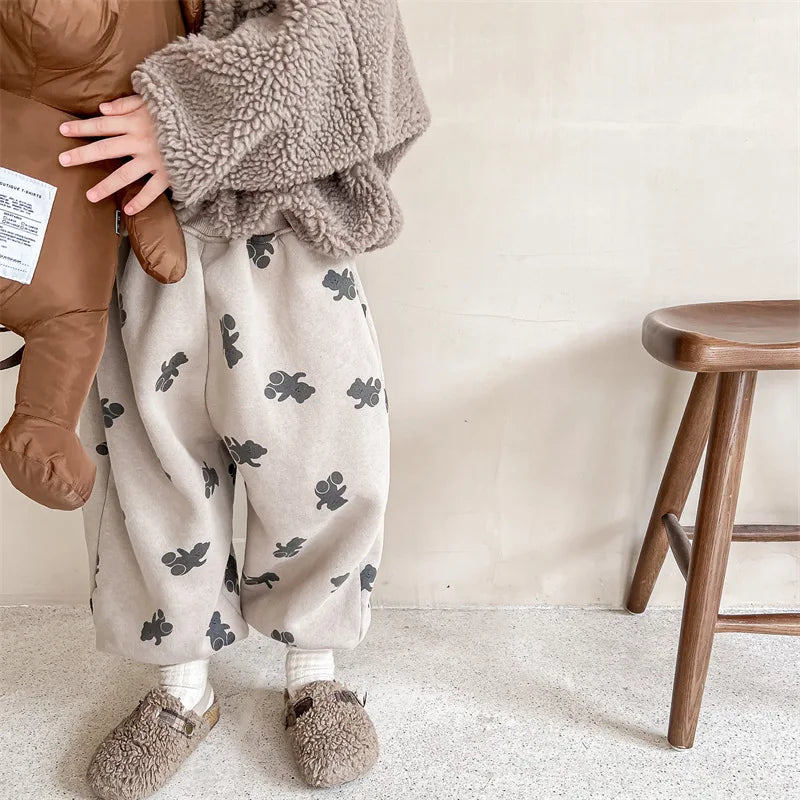 Winter Boys and girls cartoon bears inner fleece sweatpants Children thicken warm loose Trousers