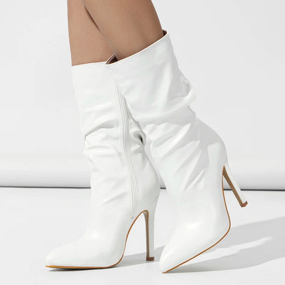 Aneikeh Fashion PU Pleat Ankle Boots Women Autumn Winter Concise Pointed Toe Thin High Heels