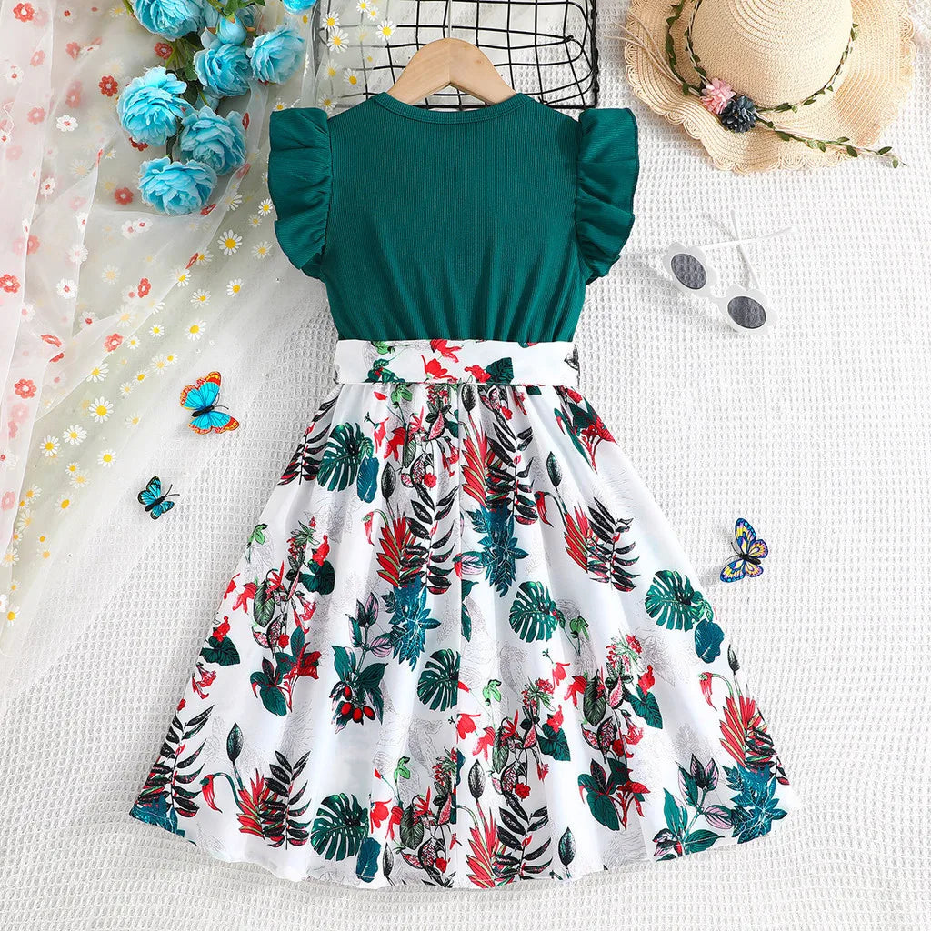 Dress For Kids 7-12 Years old Birthday Emerald Green Ruffled Sleeveless Floral Princess Dresses