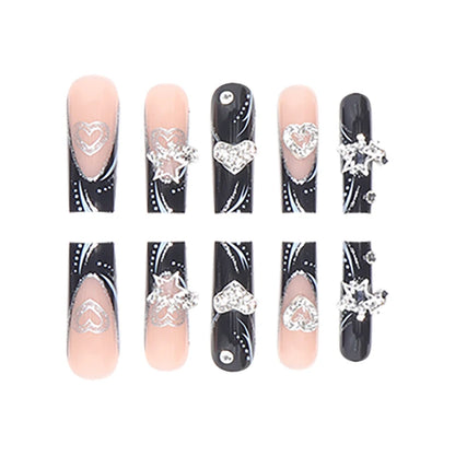 24PCS/1BOX Black French Wearing Sweet and Cool Nail Patch Glitter Love Stars in Europe and America Dark Department Fake Nail