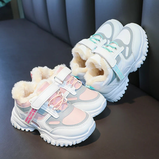 Girls Running Shoes Thick Soft Sole Students Sneakers with Fur Winter New Children Sports Shoes Non-slip Hook&loop Trendy