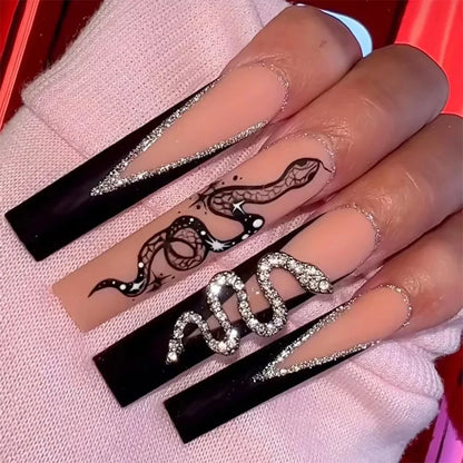 24pcs Pink Fake Nails Beveled Long  French Snake Pattern Wearing Art False Nails Finished Fashion Press on Nail Nail Charms Kit