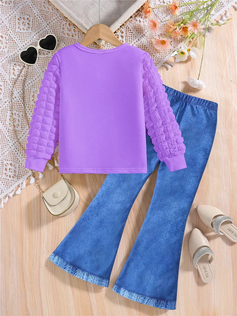2-piece Spring/Fall Girls Fashion Casual Suit Purple round neck cartoon girl print puffy sleeve top + blue stretch slim pants