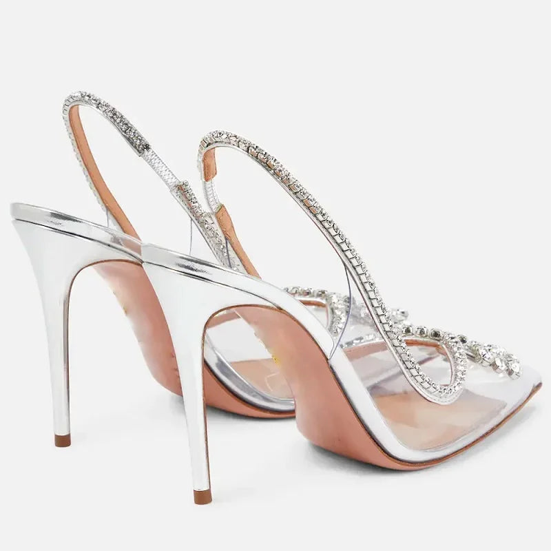 Silver Crystal PVC Transparent Women Pumps Elegant Party Wedding Thin Heels Sandals