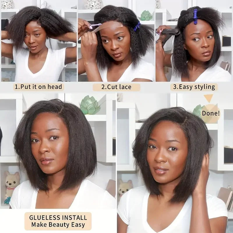 Glueless Kinky Straight 13x4 Lace Front Wig Short Bob Human Hair PrePlucked Wig