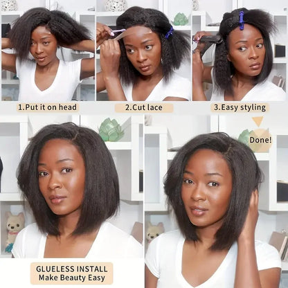 Glueless Kinky Straight 13x4 Lace Front Wig Short Bob Human Hair PrePlucked Wig