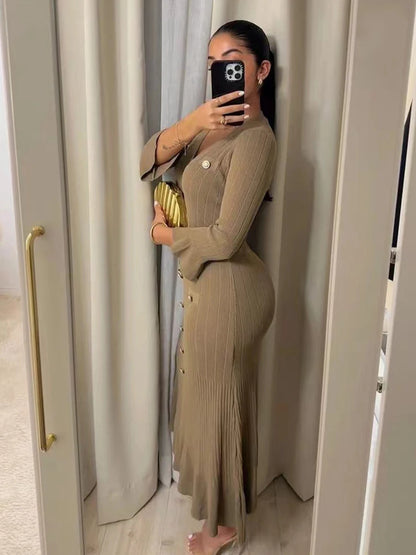 Elegant Knitted Long Dress Women Flare Sleelve V Neck Ruffles