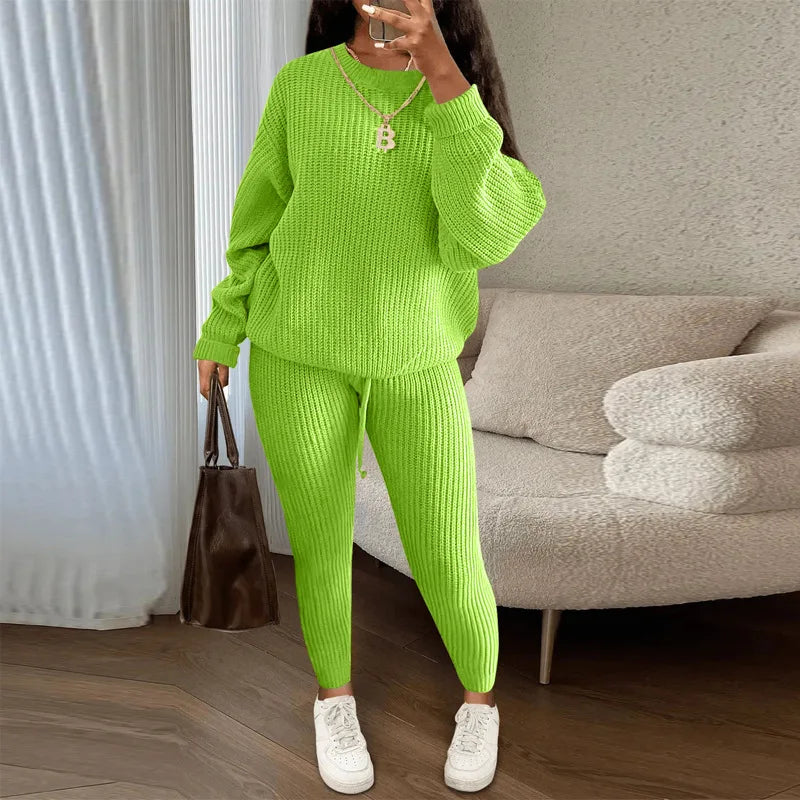 Winter Two Piece Sets Women Clothing Autumn Fashion Casual Solid Round Neck Pullover Loose Pit Knitted Sweater Pants Suits