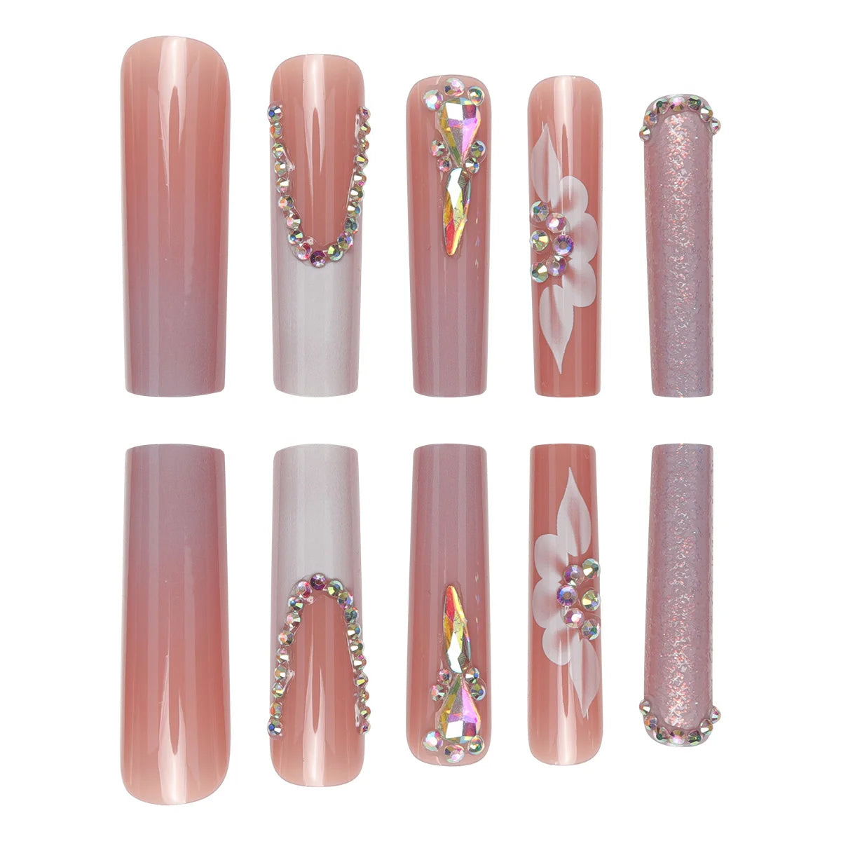 24 Piece Long Coffin Style Glossy Gradient&flower Pattern 3D Rhinestone Decoration Complete Set of Abs Fake Nail Set