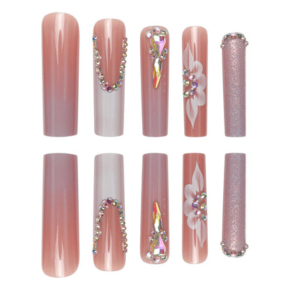 24 Piece Long Coffin Style Glossy Gradient&flower Pattern 3D Rhinestone Decoration Complete Set of Abs Fake Nail Set