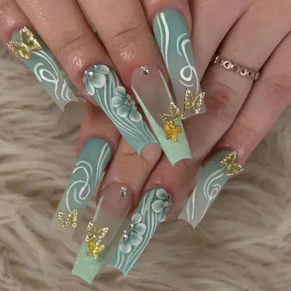24Pcs Red Heart False Nails Long Luxury with French Design Rhinestone Wearable Fake Nail Simple Decoration Press on Nail Tips