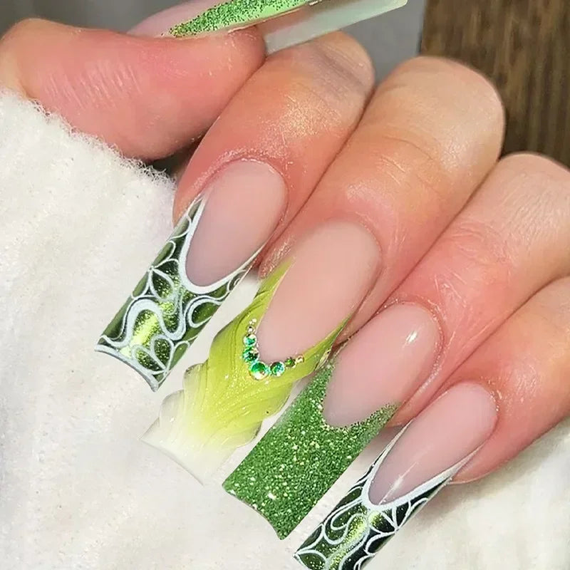 24Pcs Long Ballet Square False Nails Simple French 3d Curve Design Fake Nails Wearable Press on Fake Nails Full Cover Nails Tips