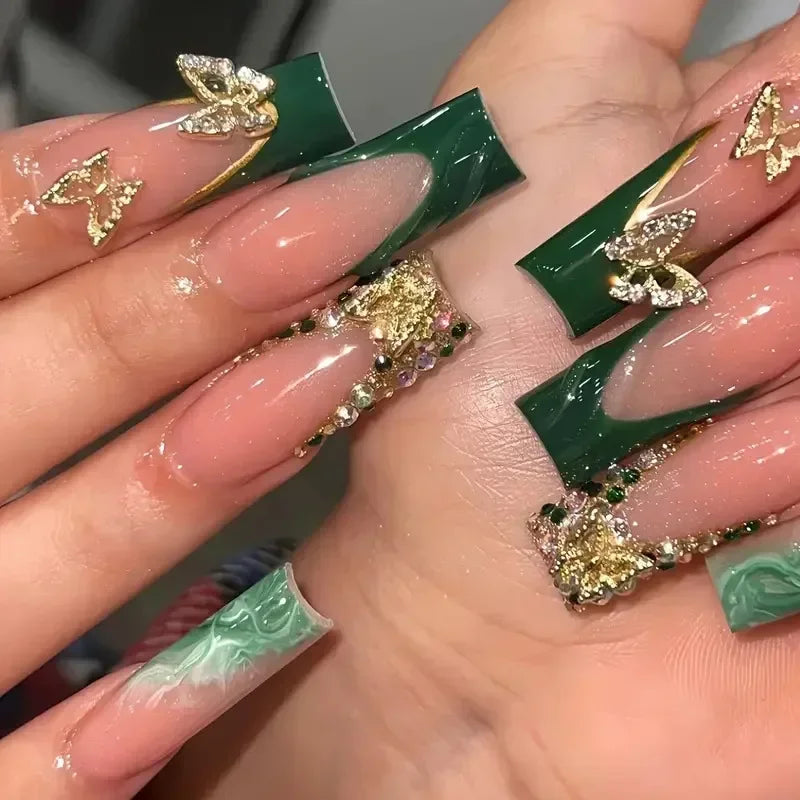 24Pcs Long Ballerina False Nails Press on Nails Serpentine Flower with Rhinestones French Fake Nails Wearable White Nail Tips