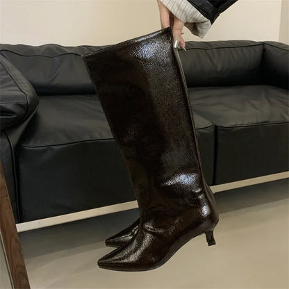 Eilyken Sexy Winter Pointed Toe Women Knee-High Long Boots Street Style Slip-On Thin Low Heels Wedding Banquet Shoes