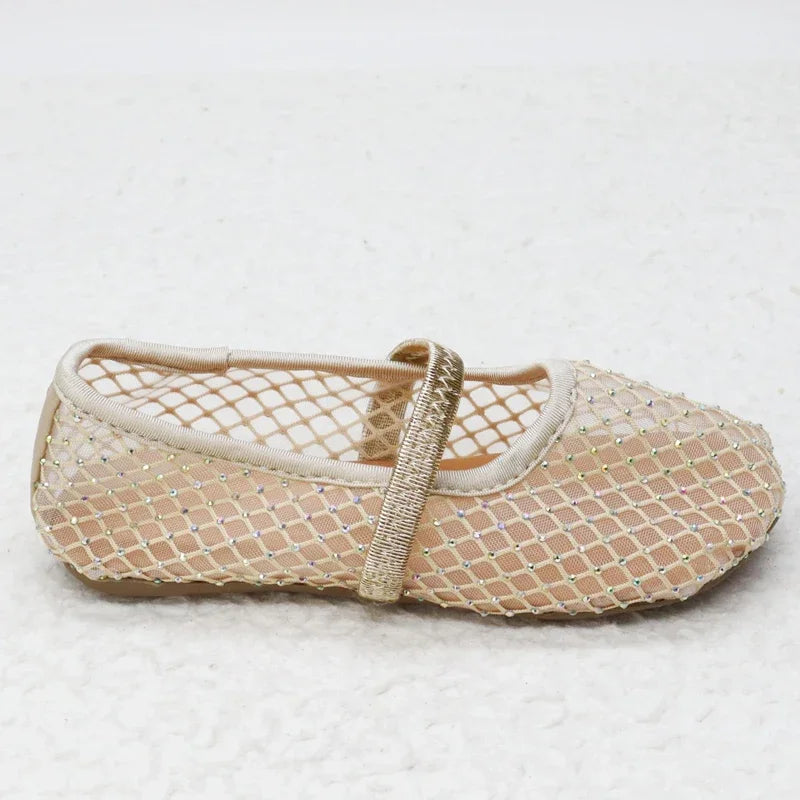 Luxury Lace Mesh Ballet Flat Kid Girls Elegant Brand Design Rhinestones Covered Fishnet Ballerina Shoes Children Dress Zapatos