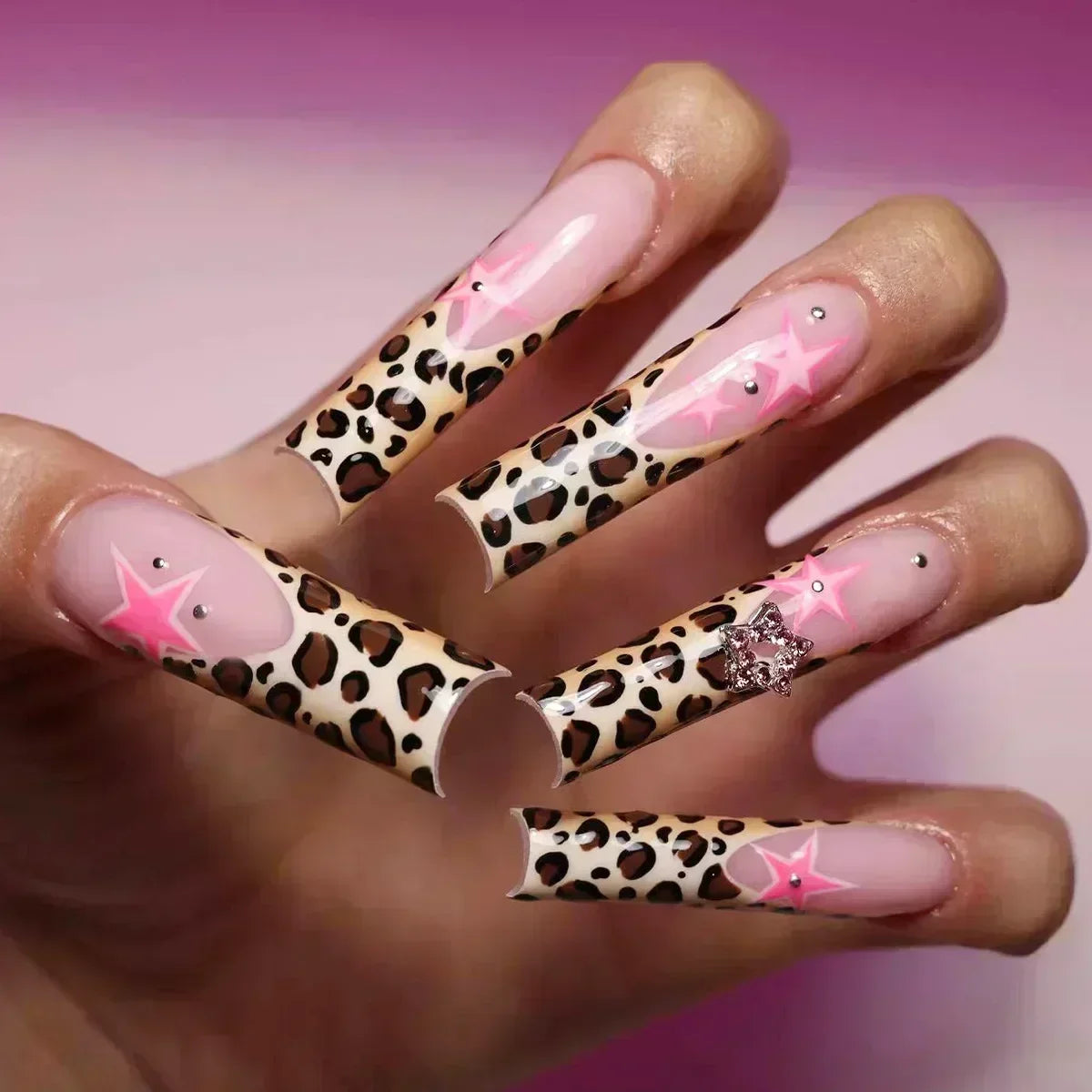 24Pcs Full Cover False Nails with Glue Long Square Coffin Fake Nails French Detachable Ballet Love Pattern Design Press on Nails